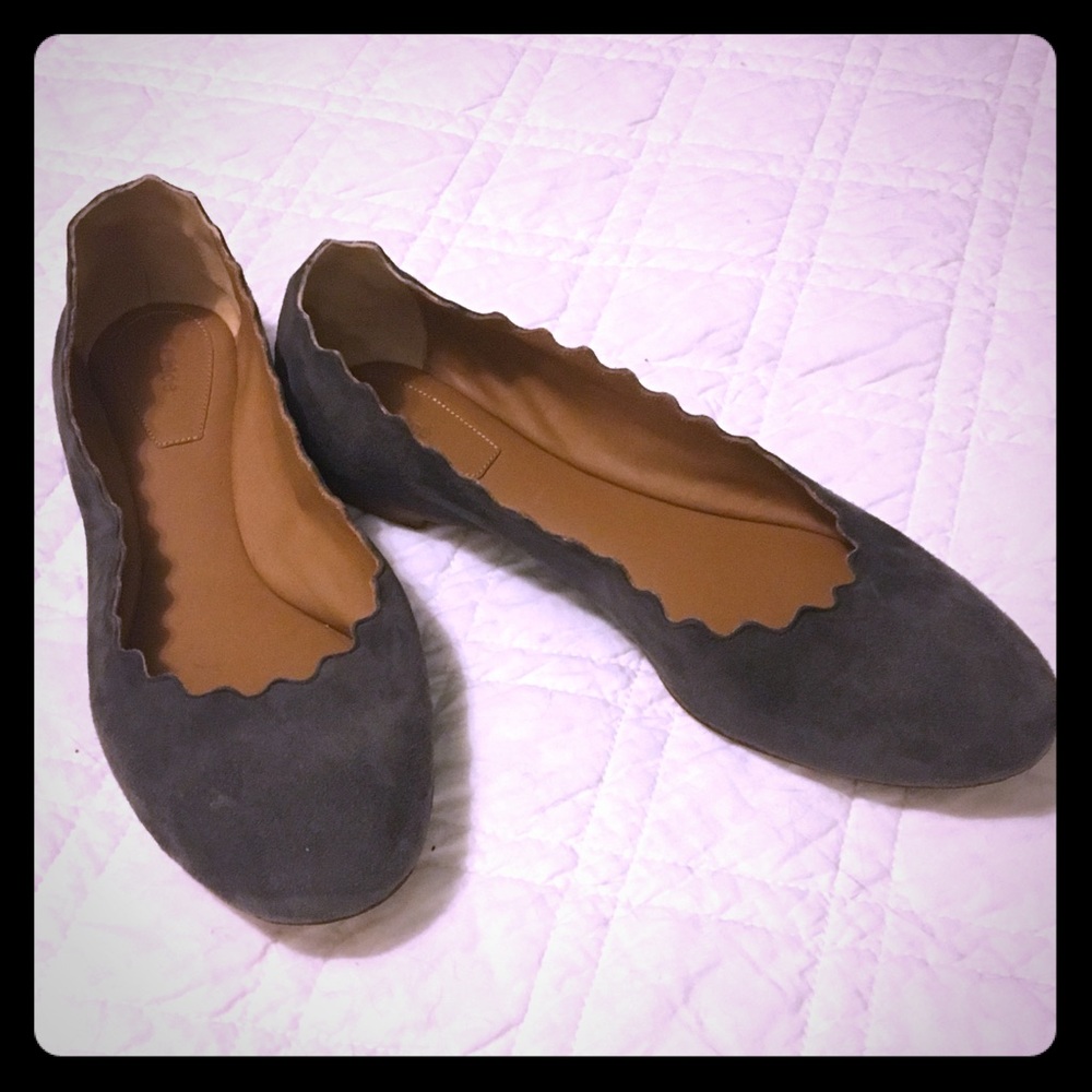 Chloe Scalloped Grey Suede Flats